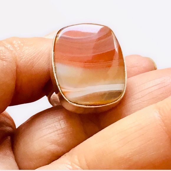 Polished Marble Agate Ring Simple Style Earth Tone - Picture 6 of 6